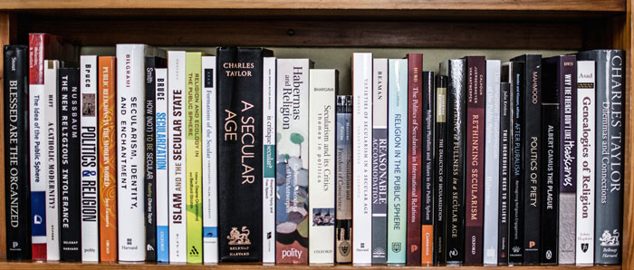 A single shelf of a bookshelf, on which the spines of approximately 30 books of varying widths can be seen
