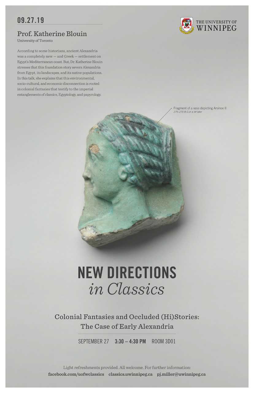 Promo poster for Dr. Blouin's New Directions in Classics lecture, text on web page