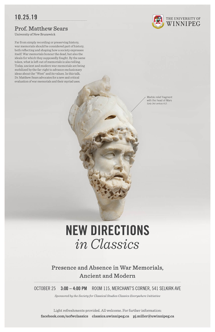 Promo poster for Dr. Sears' New Directions in Classics lecture, text on web page