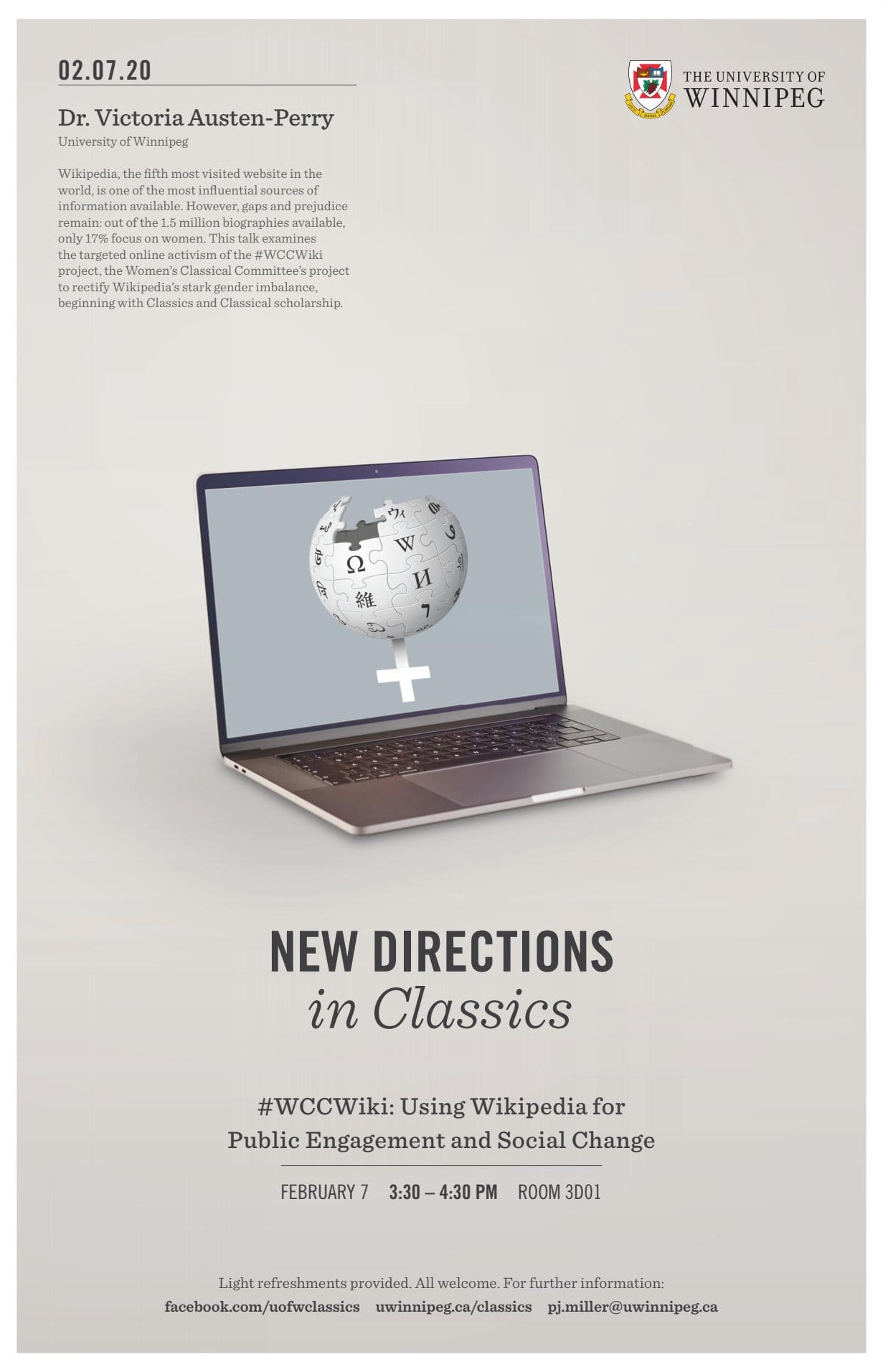 Promo poster for Feb 7, 2020 New Direction in Classics lecture, all text on web page