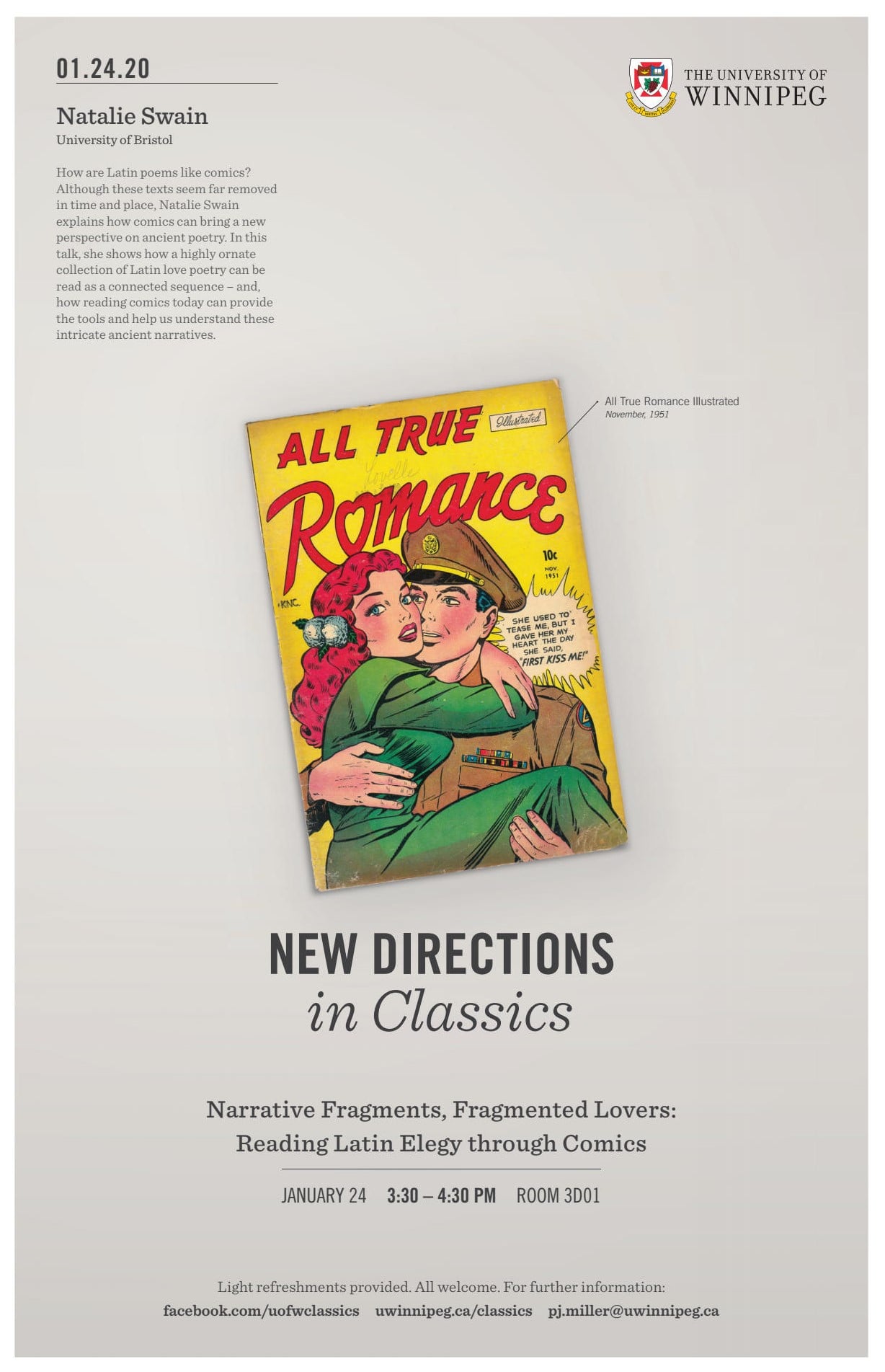 Promo poster for Jan 24 New Directions in Classics lecture, all text on web page