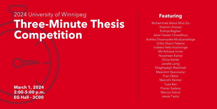 White text on a red background reads: 2024 University of Winnipeg Three-Minute Thesis Competition. March 1, 2024. 2:00-5:00 pm. EG Hall (3C00)