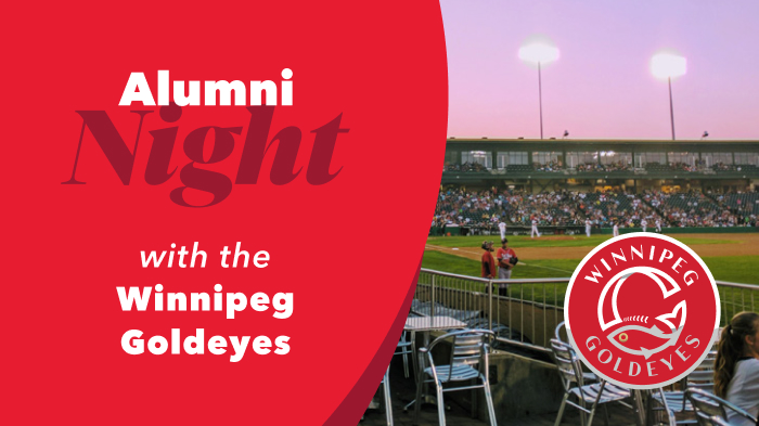Red graphic showing Goldeyes field "Alumni Night with the Winnipeg Goldeyes"