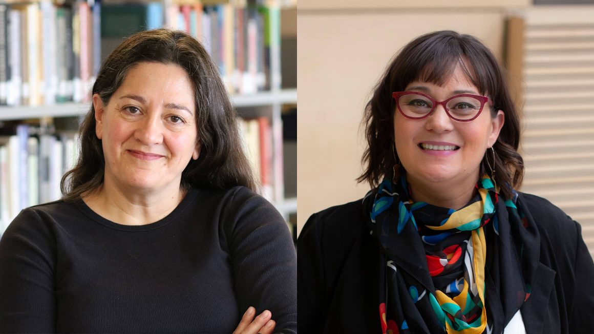 Dr. Mary Jane McCallum standing in front of books in the library and Dr. Jaime Cidro in front of a plain wall.