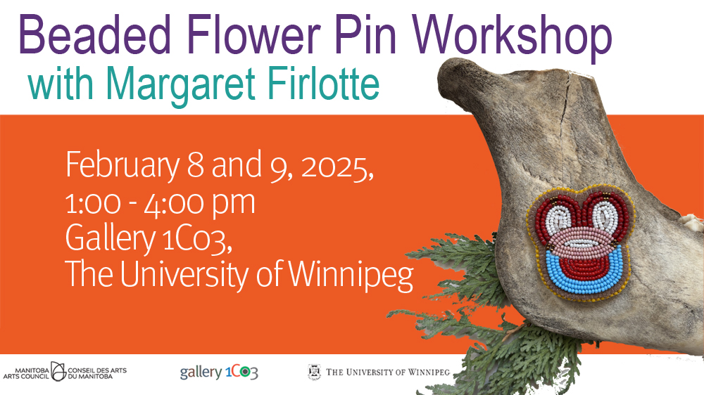 graphic with event title, date, time and location shows a colourful beaded flower pin atop a piece of bone and some cedar