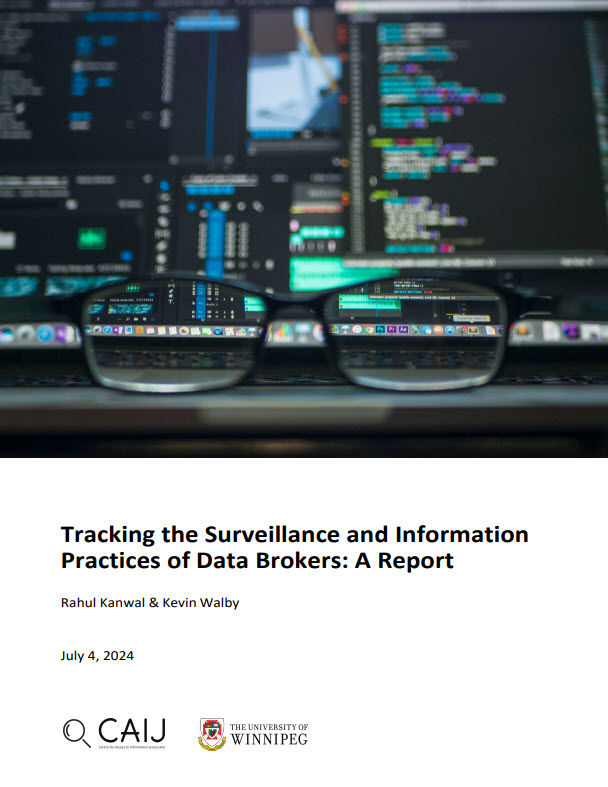 data brokers and surveillance report cover: Report cover image, glasses set before computer monitors showing data