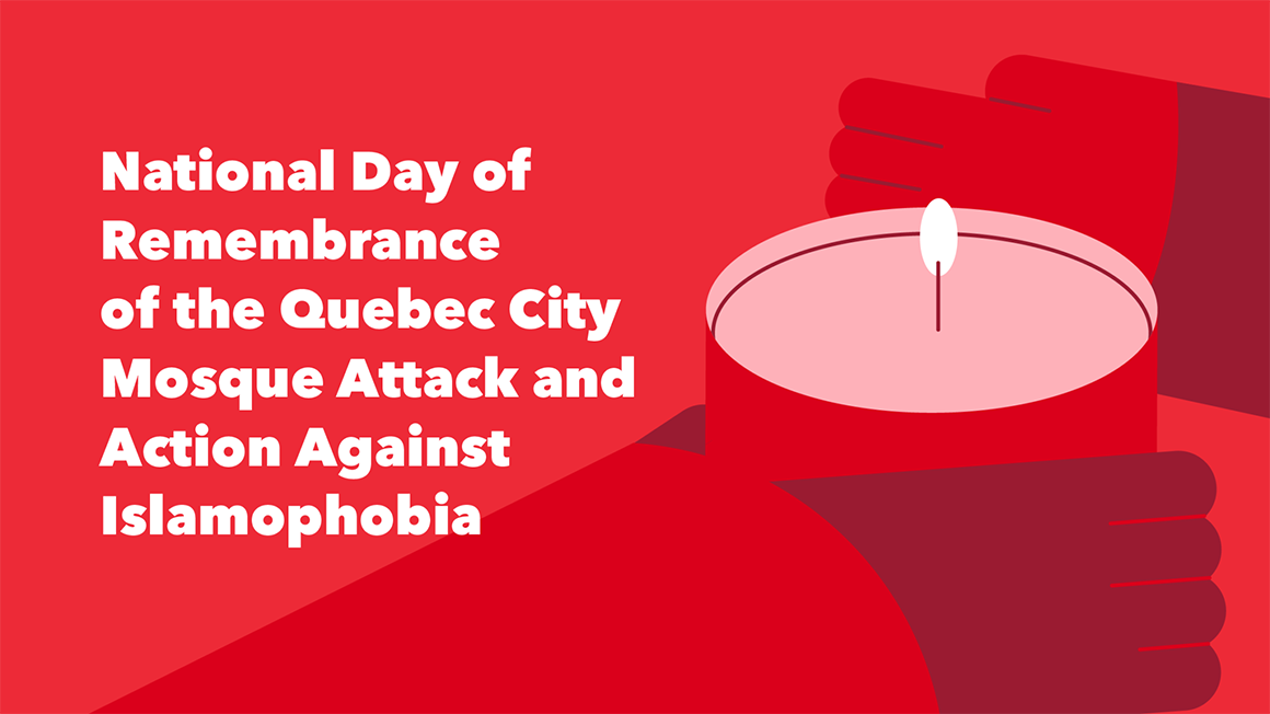 Graphic with abstract images of candels and the words "National Day of Remembrance of the Quebec City Mosque Attack and Action Against Islamophobia"