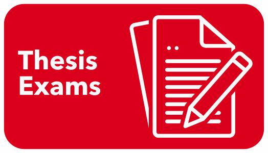 Icon of a stack of papers and pencil. White text reads "Thesis Exams"