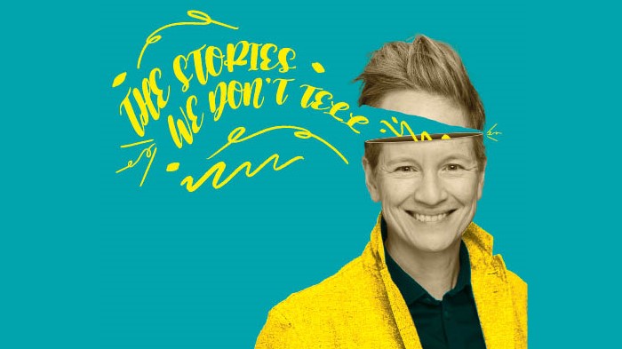 Greyscale portrait of Dr. Angela Failler with yellow jacket on teal blue background, with "The stories we don't tell" written in styliized font