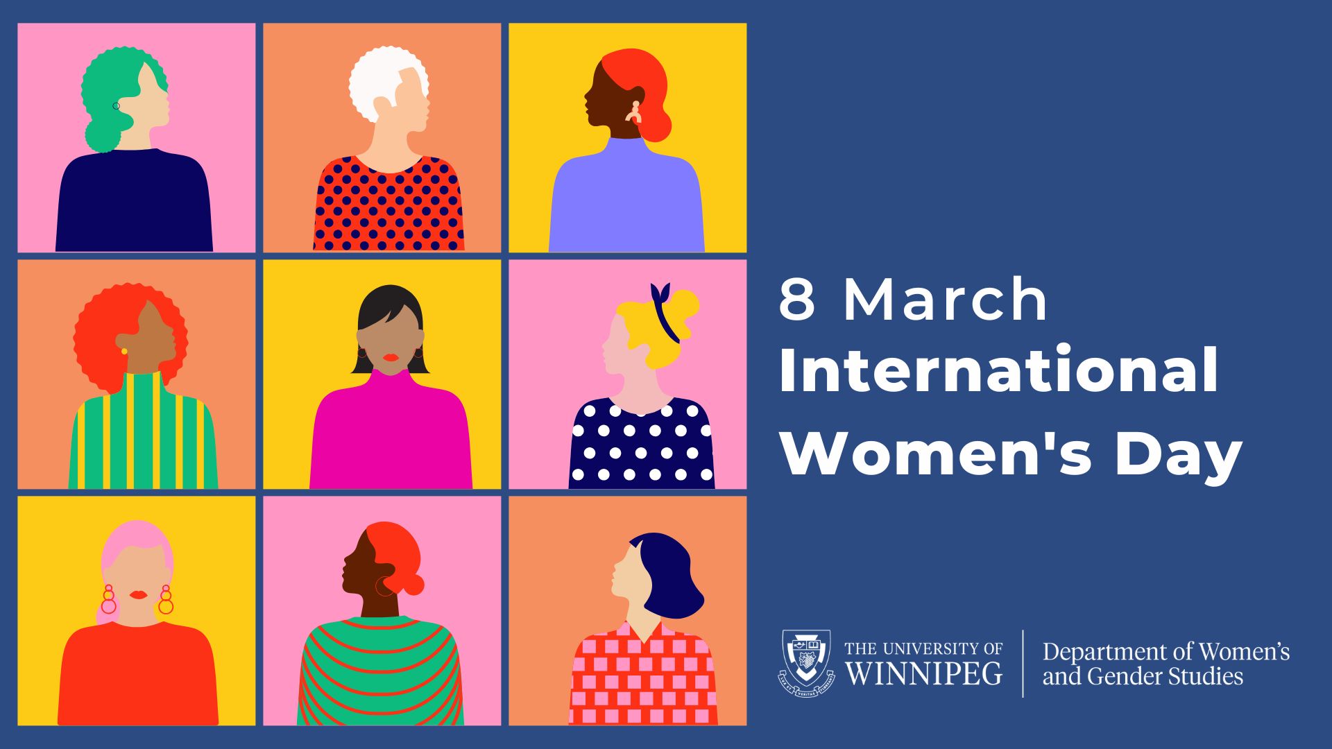 Colour block graphics of different women, with "March 8, International Women's Day" and the UW logo on dark blue background